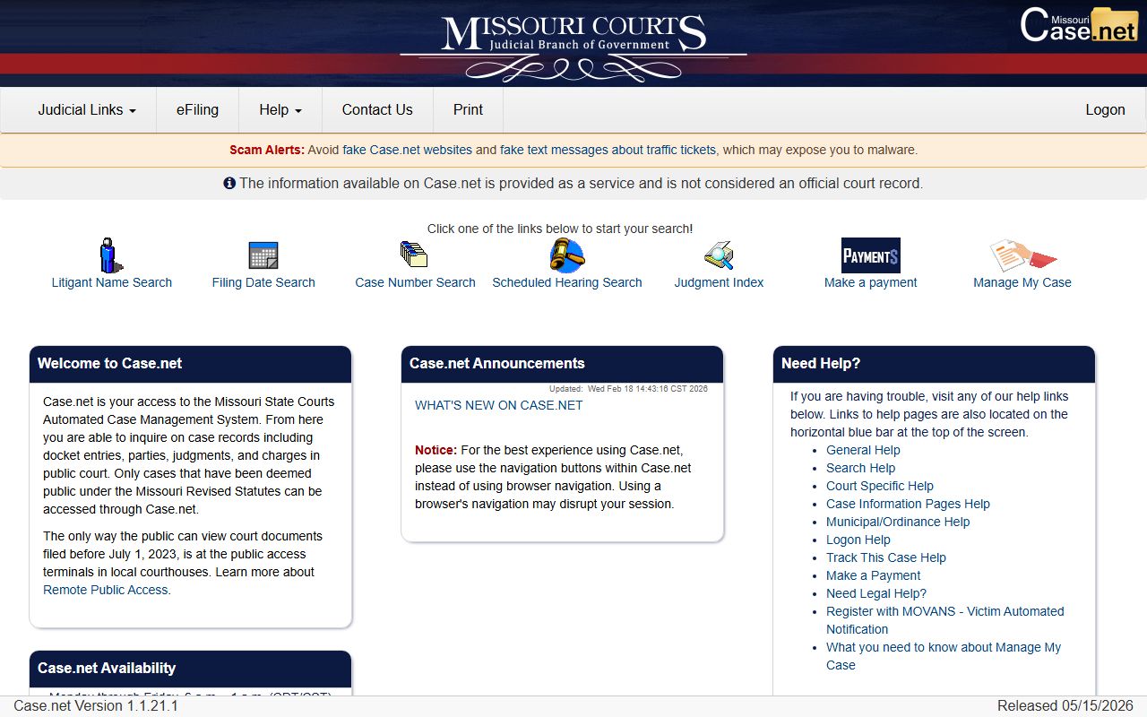 Adair County court records after arrest Missouri Case.net search page